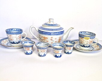 Vintage Chinese Porcelain Rice Grain Tea Coffee Espresso Sake Cups, Flowers Motif Teapot