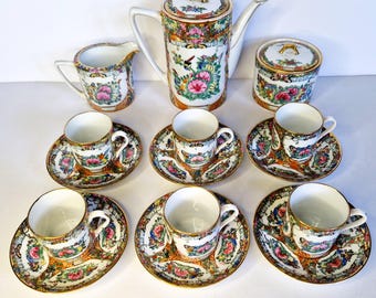 Vintage Rose Medallion Chinese Porcelain Coffee Set: Hand-Painted Canton Famille Rose Cups Saucers Coffee Tea Pot