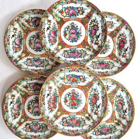 6x Vintage Rose Medallion Dessert Plates - Set of 6 - Hand Painted Chinoiserie 7 inch/18 cm