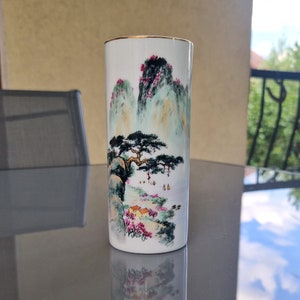 Chinese Porcelain Brush Pot, Cylindrical Vase Hand Painted Landscape Design, Pensil Calligraphy Vase, Made in China, Mid Century Asian Decor
