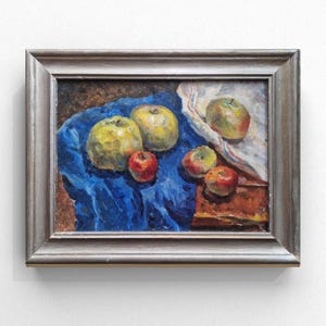 Still Life Original Oil Painting, Vintage Kitchen Wall Art Double Sided Painting, Mid Century Fruits Still Life Framed Oil Artwork Landscape