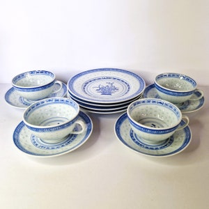 Vintage Chinese Rice Grain Saucers Cups Dessert Plates, Tea Set for 4 person, Floral Flower Peony Tea Set Chinese Porcelain Plate Cup Saucer