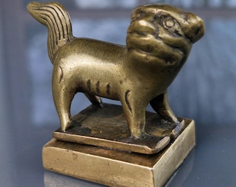 Chinese  Foo Dog Seal Stamp, Miniature Bronze Brass Guardian Lion, Archaic Zhuanshu Style, Vintage Collectible Brass Figurine Buddhist Art