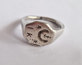 Anillo de sello antiguo de plata, escudo de armas de Tępa Podkowa, anillo heráldico de los siglos XVI-XVII, joyería de sello noble, pieza de colección histórica.