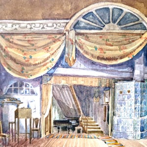 Acuarela original de diseño escénico teatral – Obra de arte de escenografía vintage, arte para teatro de ópera, arte mural dramático, interior maximalista imagen 3
