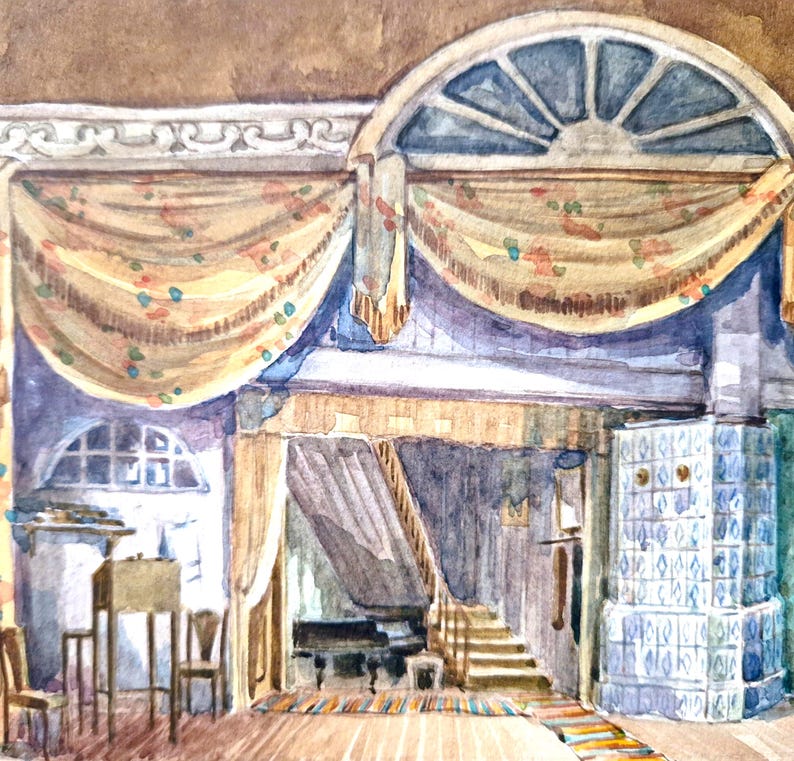 Acuarela original de diseño escénico teatral – Obra de arte de escenografía vintage, arte para teatro de ópera, arte mural dramático, interior maximalista imagen 3