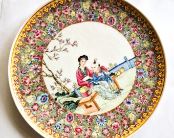 Famille Rose Chinese Porcelain Plate: Republic Period Garden Scene, Antique Chinese Decor
