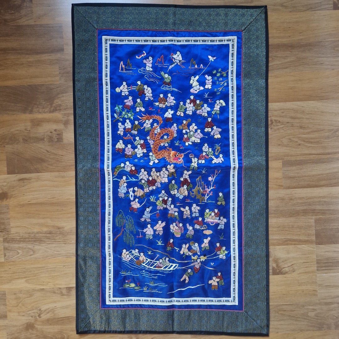 Vintage Chinese Wall Hanging Panel, Chinoiserie Silk Tapestry Hundred