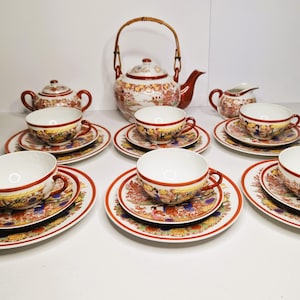Japanese porcelain tea set for 6 person, Vintage porcelain set, Japanese antique decor, Made in Japan 21 items, Satsuma style