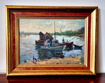 Antique Seascape Oil Painting Original, Ships at Sea, Framed Coastal Artwork, Nautical Decor
