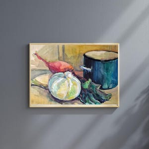 VINTAGE MALEREI ORIGINAL Küche Stillleben Aquarell Gemälde mit Topf Kohlgemüse, Küchen Wand Kunst, Bauernhaus Vintage Wanddekoration