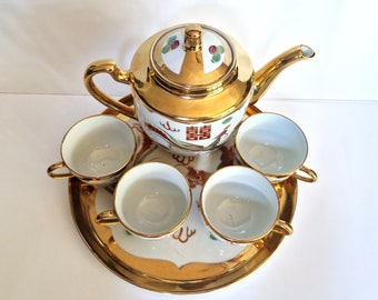 Vintage 22K Gold Dragon & Phoenix Chinese Porcelain Tea Set: Jingdezhen China