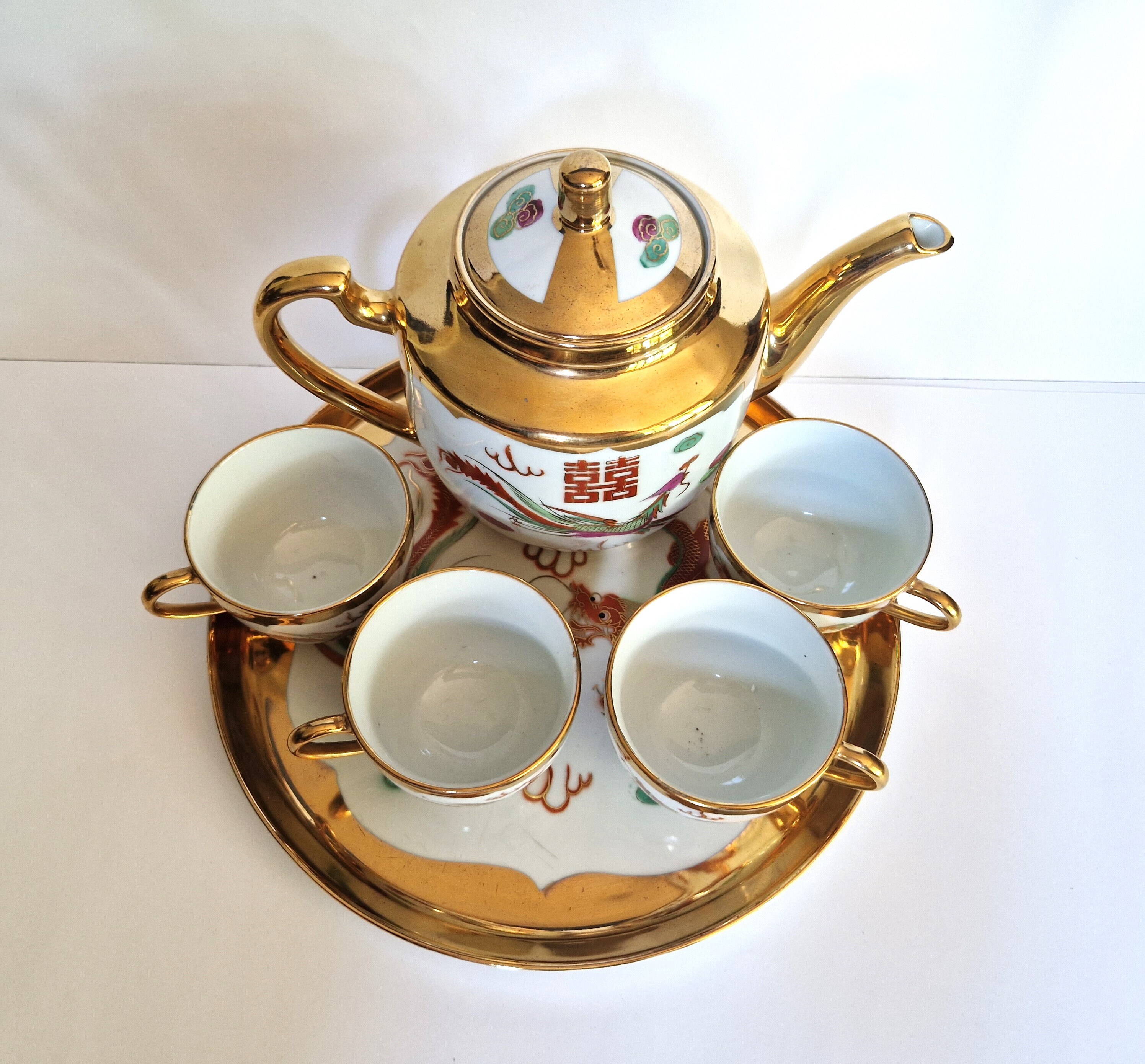 Vintage 22K Gold Dragon & Phoenix Chinese Porcelain Tea Set