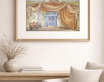 ミッドセンチュリー劇場舞台デザイン水彩画、アンティーク舞台美術絵画
