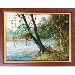 VINTAGE OIL PAINTING Original Framed Artwork, Oil Landscape Painting, River Oil Wall Art, Vintage Wall Art, Summer Painting Original 1980s