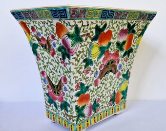 Antique Chinese Porcelain Planter: Hand-Painted Chinoiserie Jardiniere, Chinese Flowers Jar, Floral and Butterfly Patterns