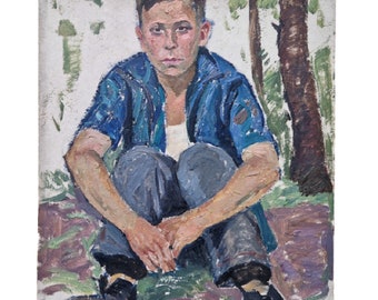 Vintage Original Painting, Boy portrait painting "Reflection", socialist realism, oil , 1966 by Ukrainian artist Safargalin (1922-1975)