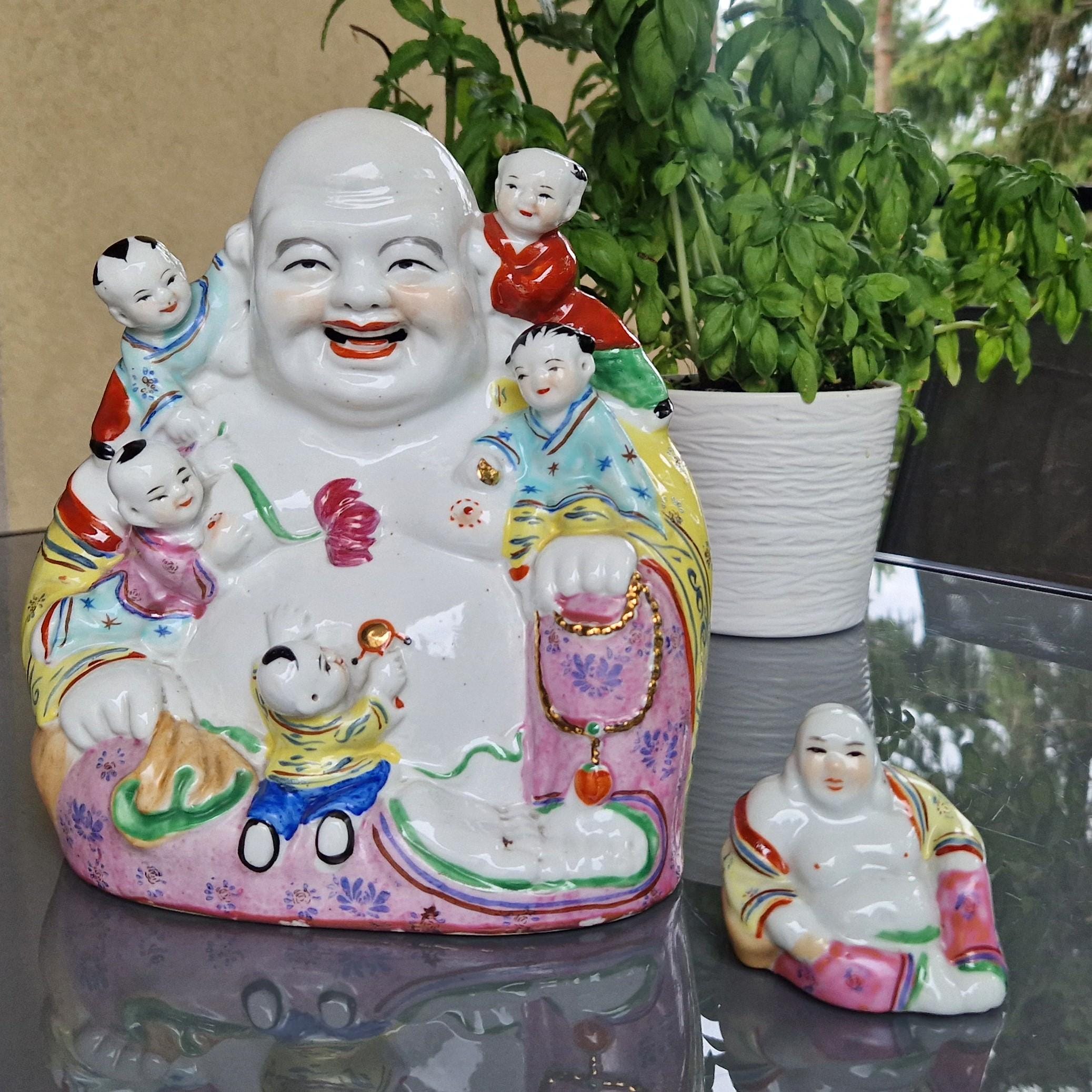 Vintage Famille Rose Porcelain Laughing Buddha Statue With
