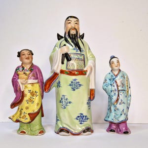 3x Chinese Vintage Hand Painted Porcelain Scholar Figurines, Famille Rose Porcelain Immortals, Chinese Antique Chinoiserie Decor Set of 3pcs