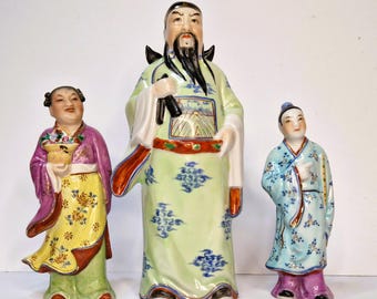Vintage Famille Rose Porcelain Immortals: Hand-Painted Chinoiserie Decor (Set of 3) Chinese Gift