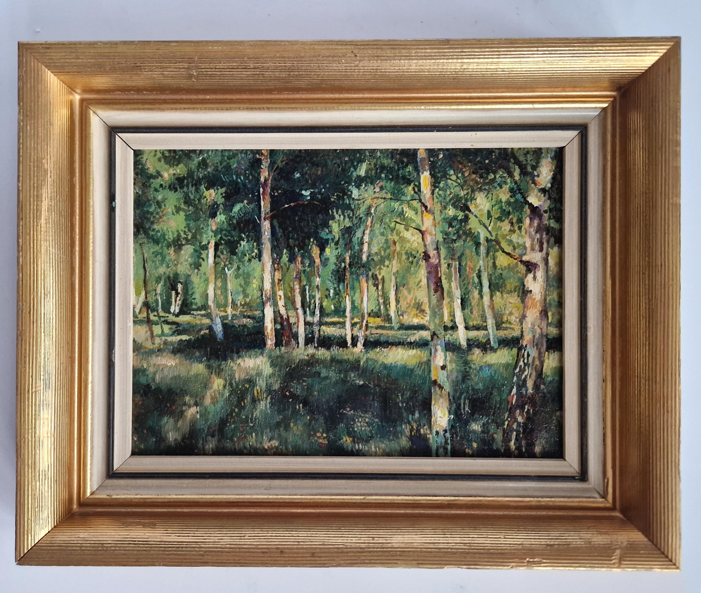 白樺の森の油絵、1940年代のオリジナル夏風景画、額装済みヴィンテージ