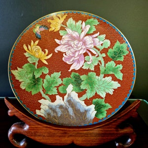 Vintage Chinese Cloisonne Plate: Chrysanthemum Butterfly Enamel Bowl