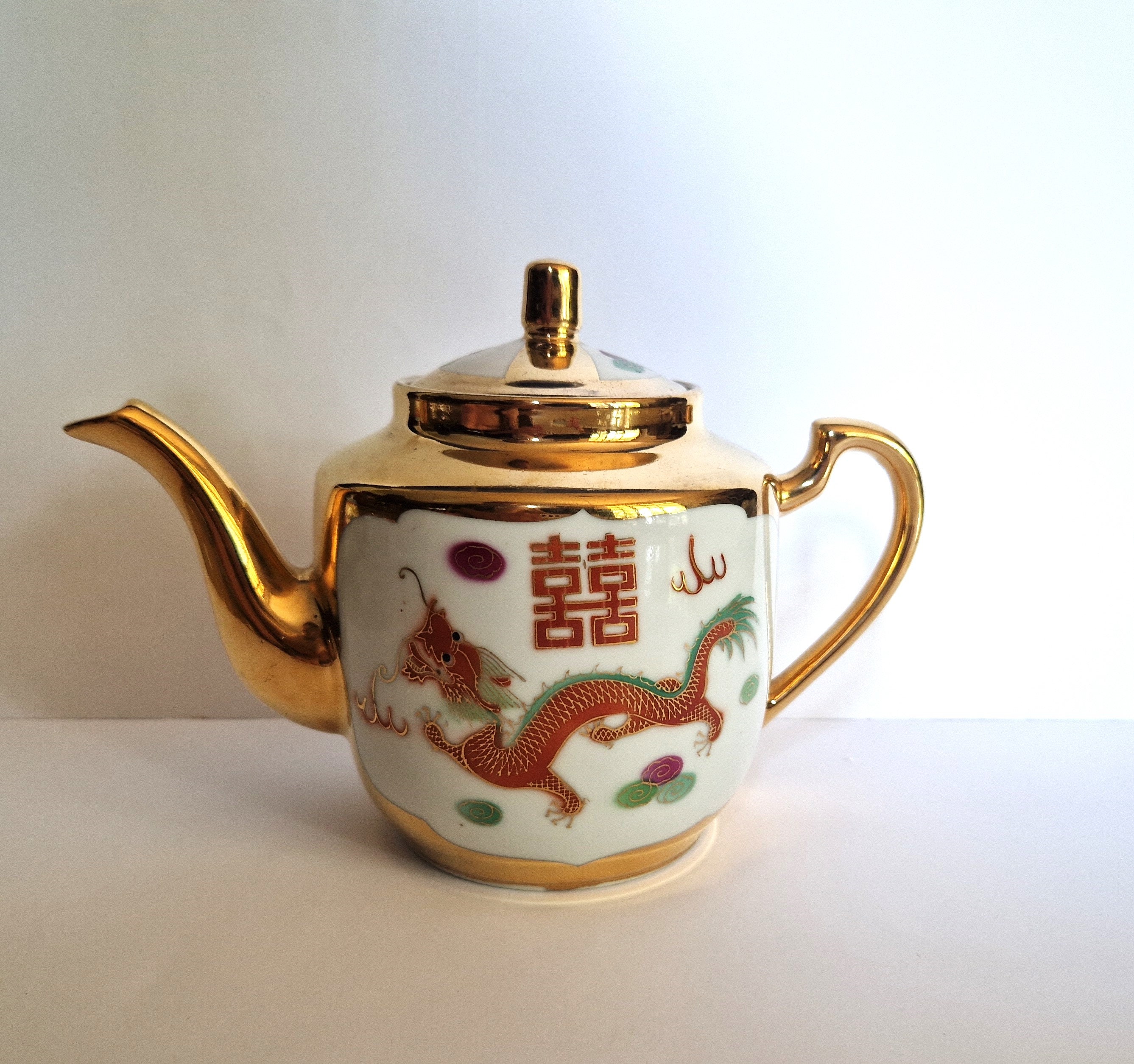 Vintage 22K Gold Dragon & Phoenix Porcelain Tea Set, Gilded Vintage 22K Gold Dragon & Phoenix Porcelain Tea Set, Gilded