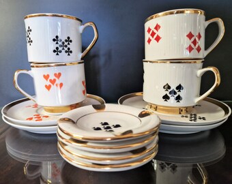 Porcelain Coffee Set & Ashtray Bridge Player Gifts, Mid Century Espresso Cup Set, Poker Coffee Lover Card Player Gift, Casino Lover Gifts