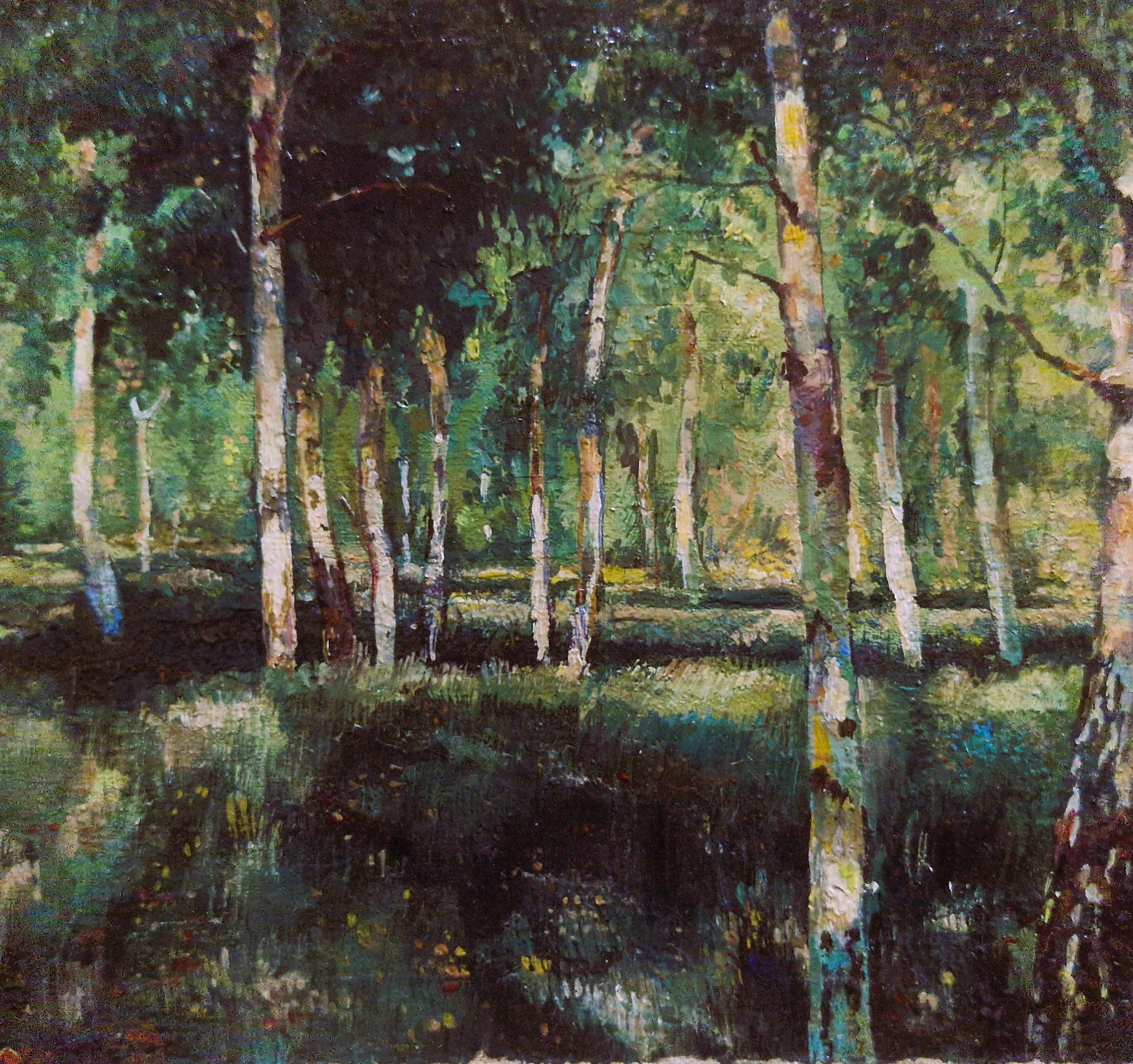 白樺の森の油絵、1940年代のオリジナル夏風景画、額装済みヴィンテージ