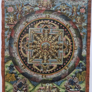 Pu&ograve; includere: Un dipinto di mandala colorato su carta con un quadrato centrale circondato da un cerchio. Il mandala &egrave; pieno di dettagli intricati e figure, e lo sfondo &egrave; un blu vibrante con nuvole. Il dipinto &egrave; incorniciato da un bordo marrone.