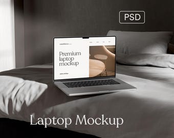 美しいMacBookモックアップ、ノートパソコンウェブサイトモックアップ、リアルなデバイスモックアップ、スクリーンデジタル製品ブランディングモックアップ、Etsy出品用PSD