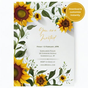 Bearbeitbare, lebendige Sonnenblumen-Einladung für Cocktailpartys, Geburtstage, Hochzeiten, Verlobungen, Festgetränke und mehr