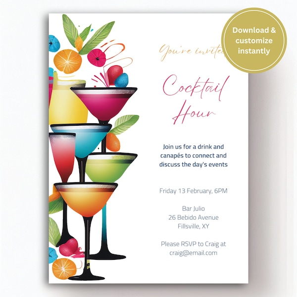 Editable Colourful Cocktail Hour Invitation for cocktail parties, birthdays, celebration drinks and more