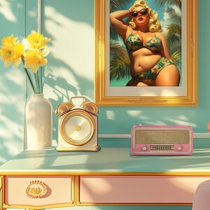 Retro Plus Size Pinup Wall Art | Vintage Prints For Beach Vacation House | Tropical Quirky Home Decor | Blonde Model | Digital Download