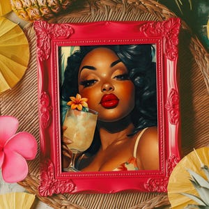 Retro Plus Size Pinup Wall Art | Vintage Prints For Beach Vacation House | Tropical Quirky Home Decor | Black Woman Model | Digital Download