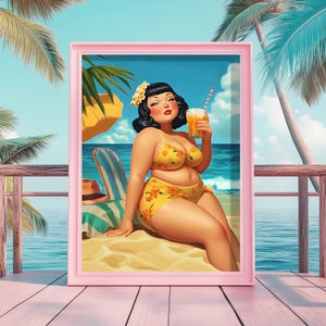Retro Plus Size Pinup Wall Art | Vintage Prints For Beach Vacation House Kitchen | Tropical Quirky Home Decor & Gifts | Digital Download