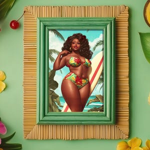 Retro Plus Size Pinup Wall Art | Vintage Surfing Prints For Beach Vacation House | Tropical Home Decor | Black Woman | Digital Download