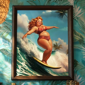 Retro Plus Size Pinup Wall Art | Vintage Surfing Prints For Beach Vacation House | Tropical Quirky Home Decor & Gifts | Digital Download