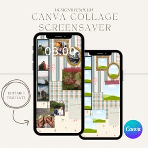 May include: Two smartphones displaying a collage screensaver with a floral and plaid pattern. The screensaver features framed photos, a clock, and the text "Canva Collage Screensaver" and "Editable Template".