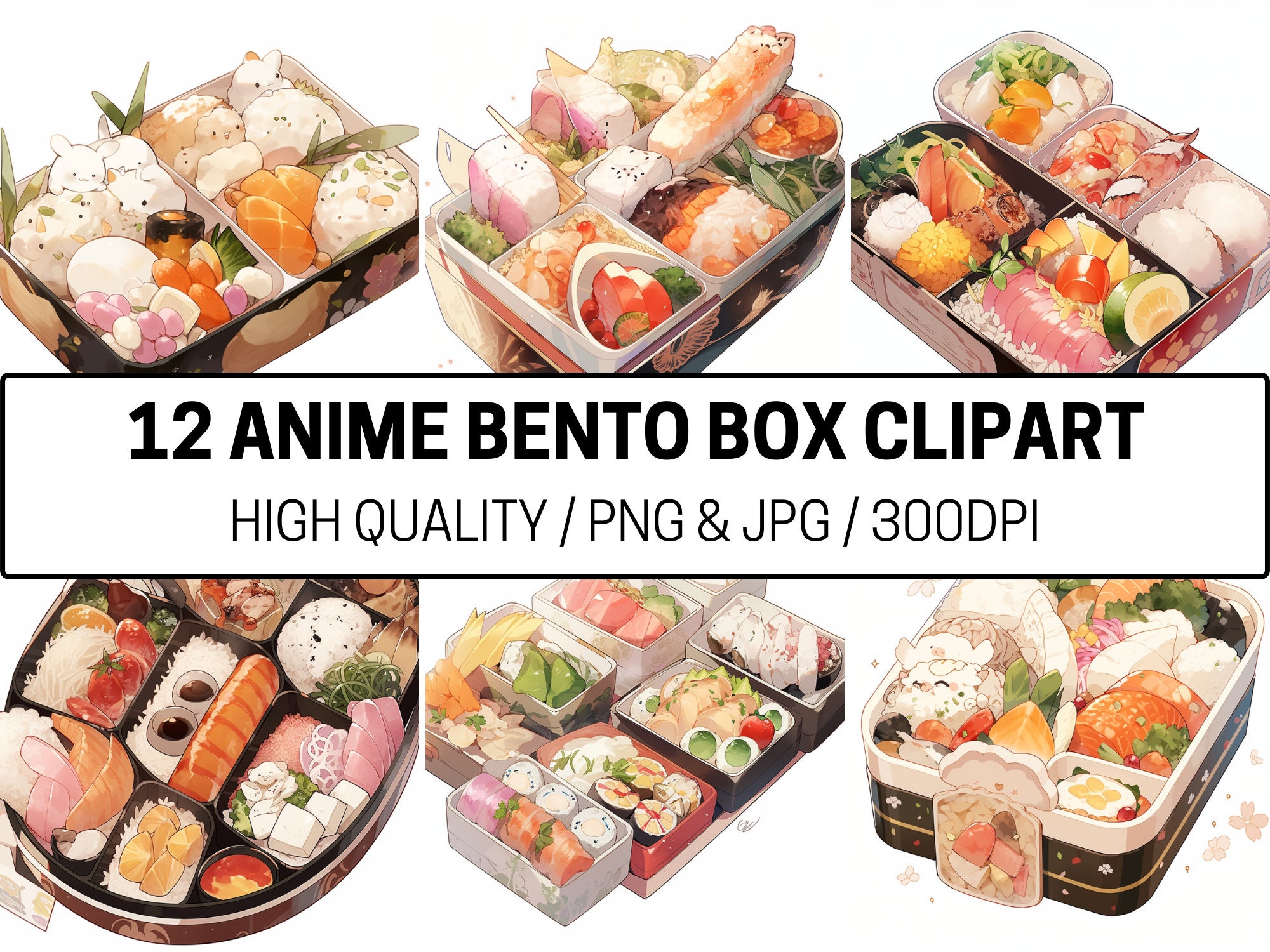 12 Anime Bento Box Clipart Images, Commercial Use PNG JPG 300DPI, Digital Download, Arts & Crafts, Graphic Design, High Quality 