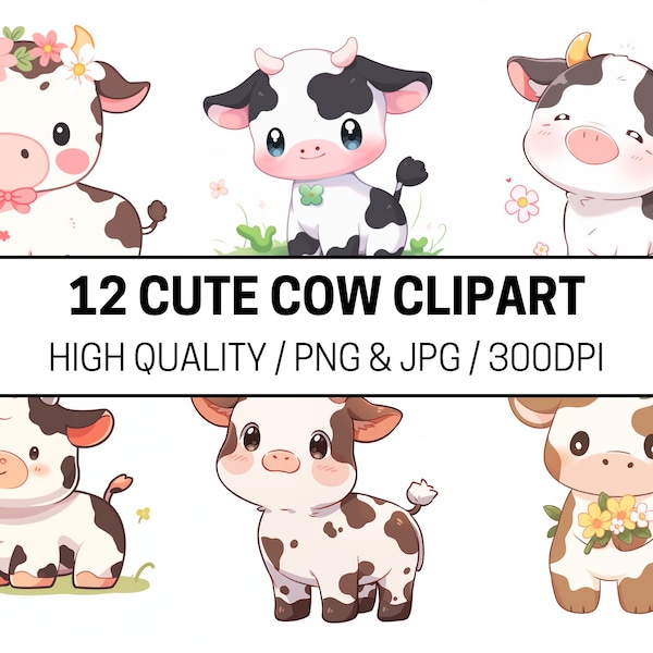 12 Cute Cow Clipart Images, Commercial Use PNG JPG 300DPI, Digital Download, Arts & Crafts, Graphic Design, High Quality