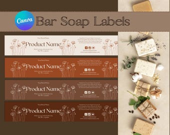 Könnte beinhalten: Vier bedruckbare Seifenlabels mit einem floralen Design. Die Etiketten sind in Braun, Beige und Orange mit weißem Text. Der Text auf den Etiketten lautet "Produktname" mit den Worten "Ihr Markennamen" und "Mit Kokosöl & Kaolin-Ton" in kleinerer Schrift. Die Etiketten enthalten auch Social-Media-Icons und eine Website-Adresse.