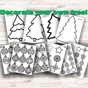 Könnte beinhalten: Schwarz-weiße druckbare Weihnachtsbaum- und Ornament-Ausschnitte. Dekoriere deinen eigenen Baum! Die druckbaren Blätter enthalten eine Vielzahl von Baumformen und Ornamenten, darunter Sterne, Schneeflocken und Herzen.