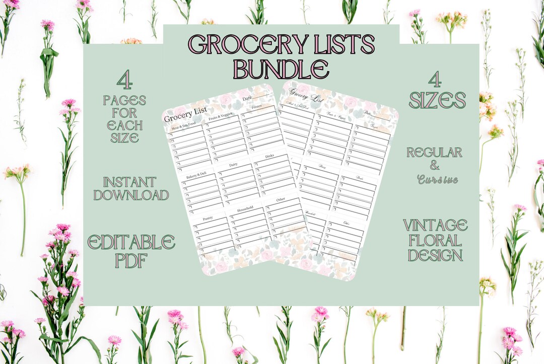 Printable Floral Vintage Grocery List, Minimalist Grocery Planner, Flower Blank Food Shopping