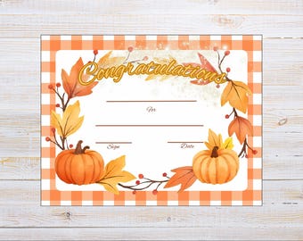Blank Award Certificate Printable Fall festival, Congratulations template, Winner of Games, Printable for Number one Pumpkin Carving Contest