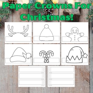 Printable Christmas Paper Crowns coloring activity Printable Kids Craft Hats Winter Holiday Party Favor Costume DIY Printable Download gifts