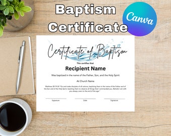 May include: A printable baptism certificate template with a blue water design. The text reads "Certificate of Baptism" and includes space for the recipient's name, church name, signatures, and date.