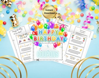 Printable Birthday card DIY coupon print, editable, download, customize gift personally, party giftable, coupon book, personalized gifts