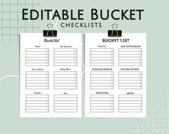 Editable printable and digital Bucket Checklists, Minimalist, Logs, check list, print, minimal to-do, shopping, travel gift, organizing prin