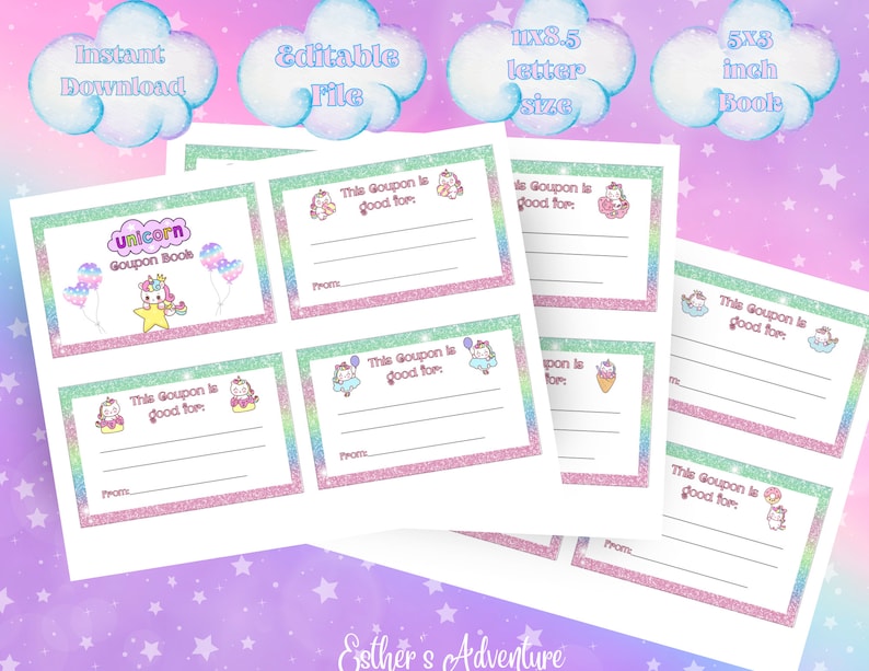 Printable Gift Cute Unicorn Coupon Book Adorable Kids Craft Etsy